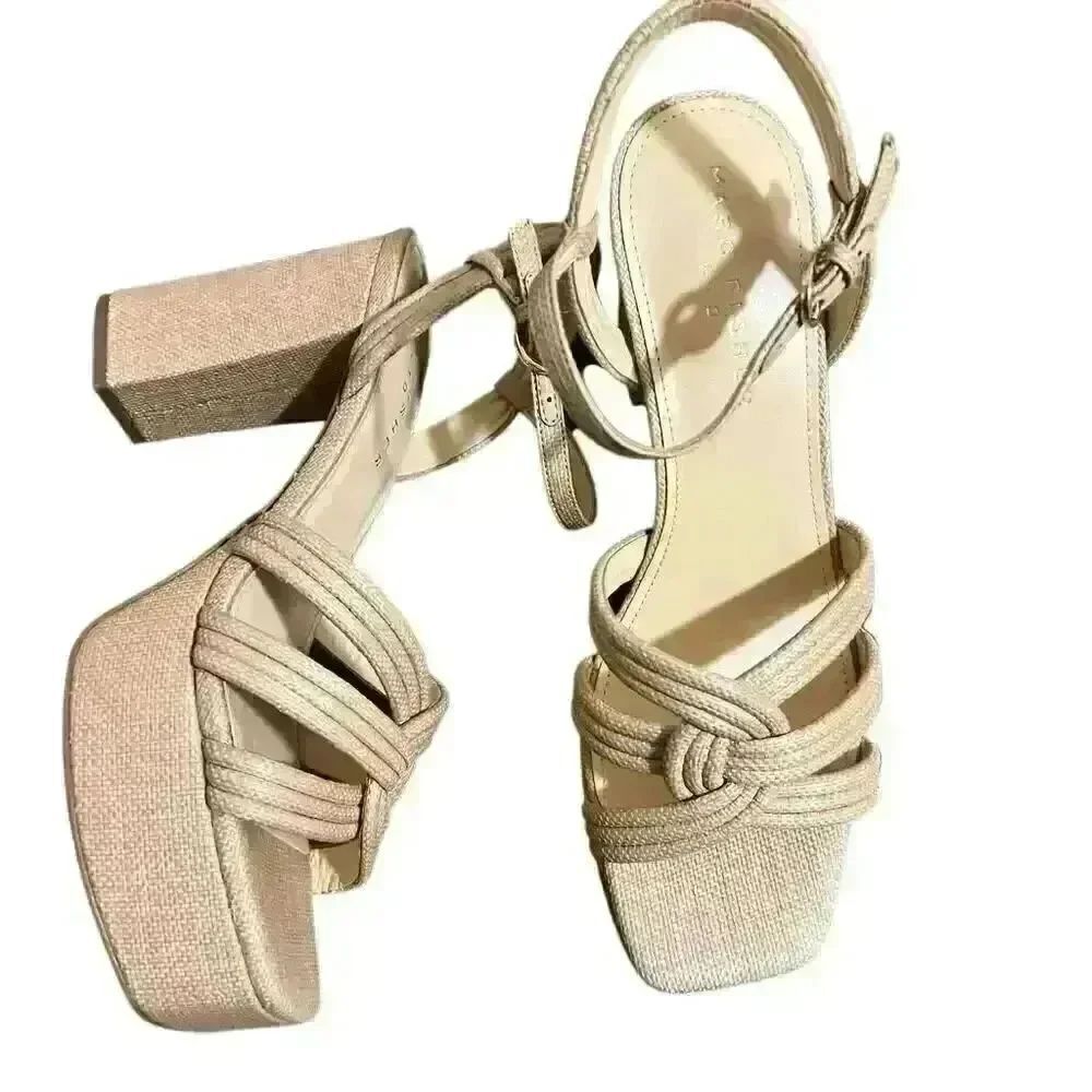 NIB Marc Fisher Women's Natural Cairo Ankle Strap Block Heel Platform Sandals 10